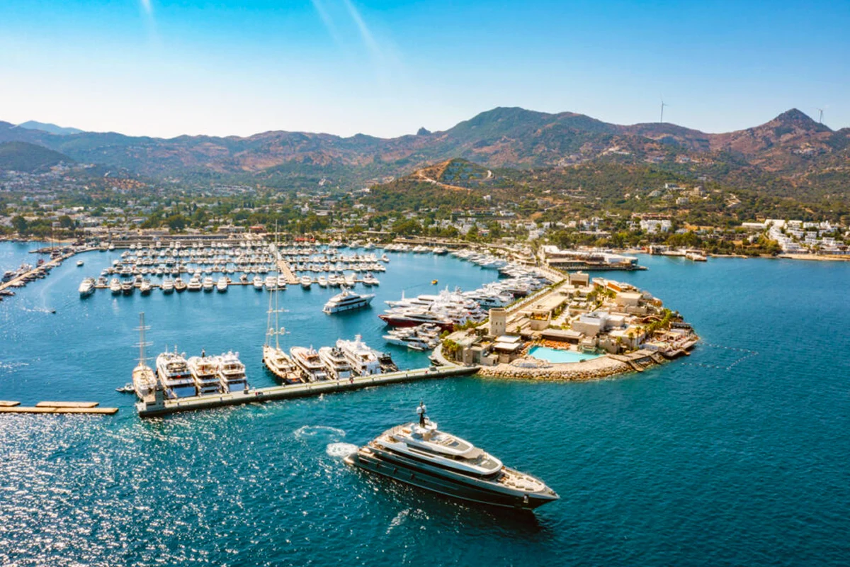 Superyachts berthed at Yalıkavak Marina in Bodrum, which accommodates vessels up to 160 meters