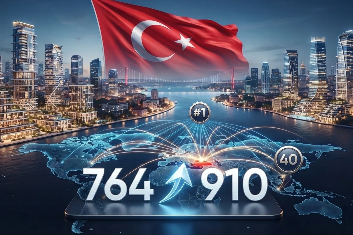 Chart showing global branded residence schemes growing from 764 in 2024 to 910 in 2025, Turkey leading EMEA
