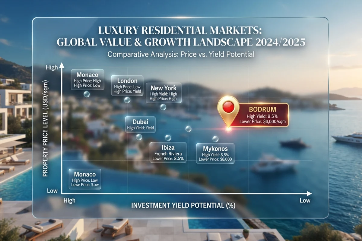 Scatter/bar chart: Bodrum luxury property price (&euro;/sqm) vs. yield comparison across nine elite destinations