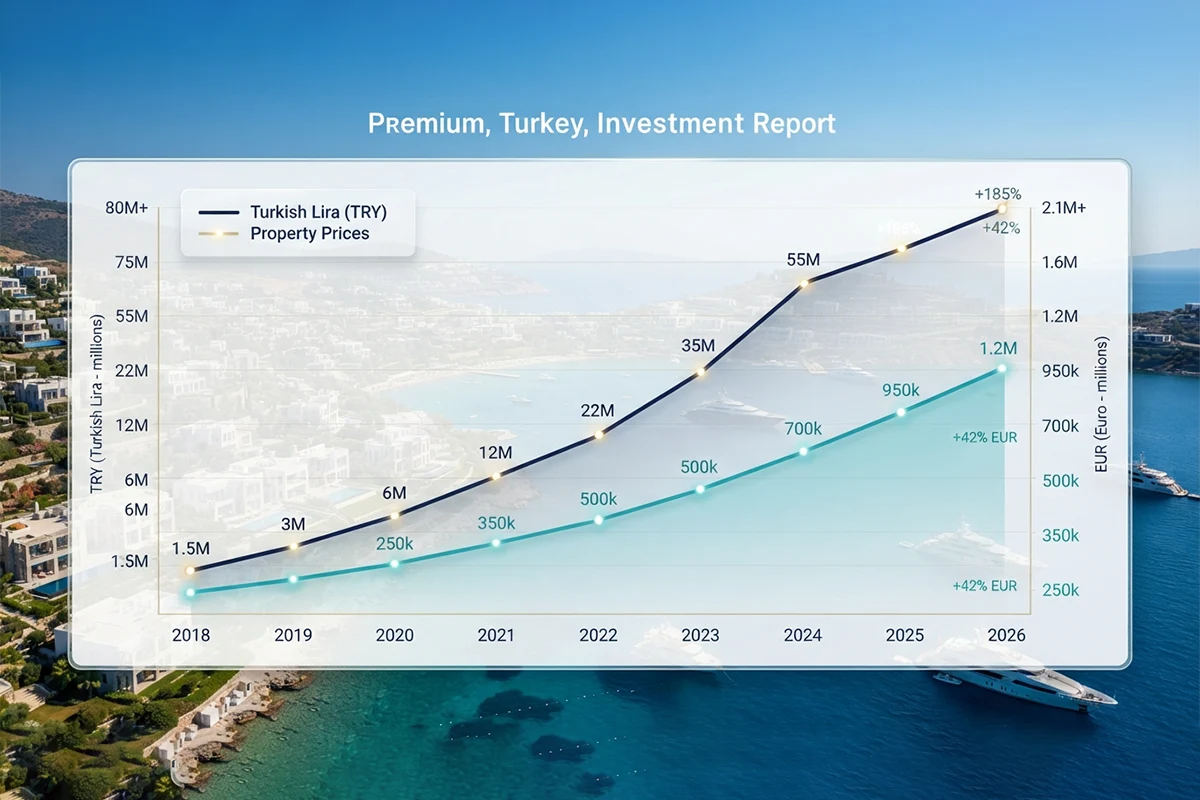Chart of Bodrum luxury property price growth cycle: 2024&ndash;2026 in nominal euro terms
