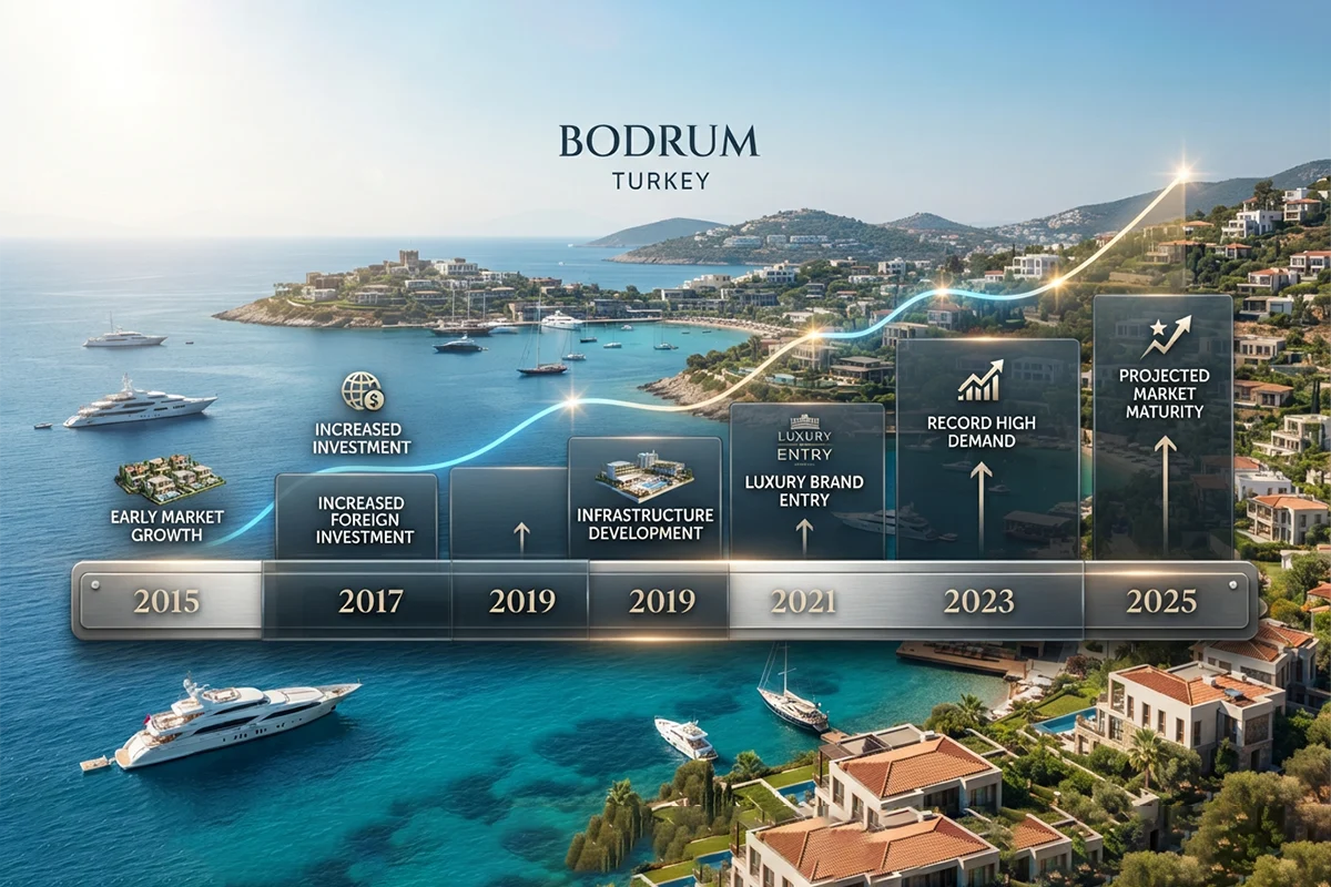 Timeline of Bodrum's 2026&ndash;2030 catalysts: airport 2027, Bvlgari 2027&ndash;28, Shangri-La 2029, St. Regis 2030