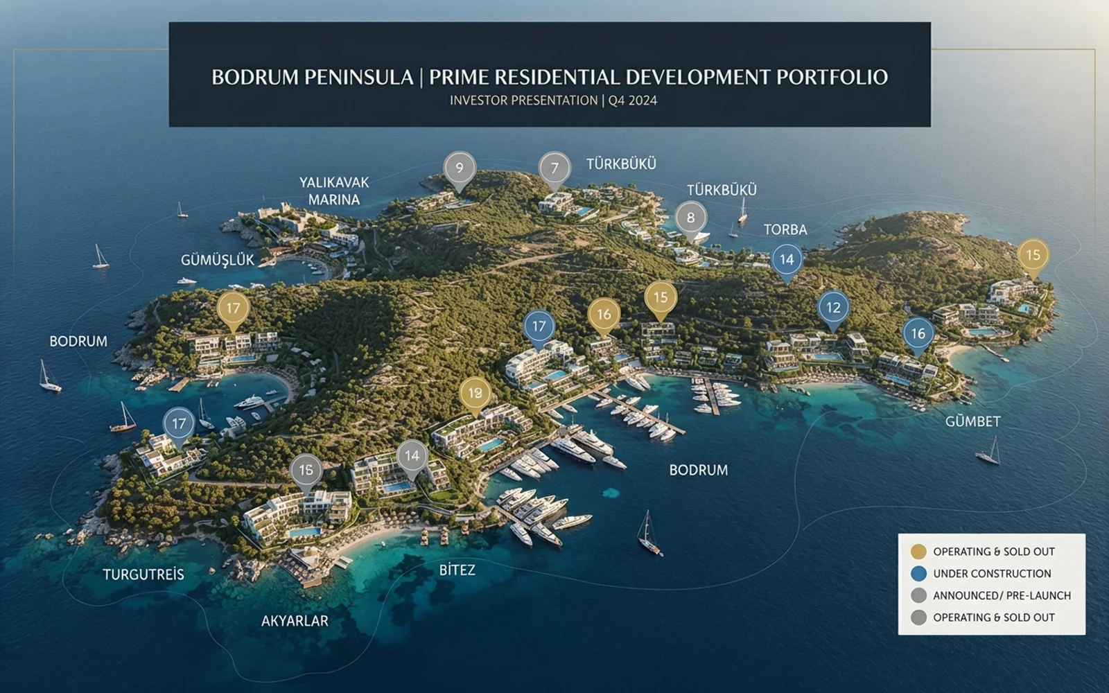 Map of the Bodrum peninsula showing locations of all branded and ultra-luxury residence projects in 2026