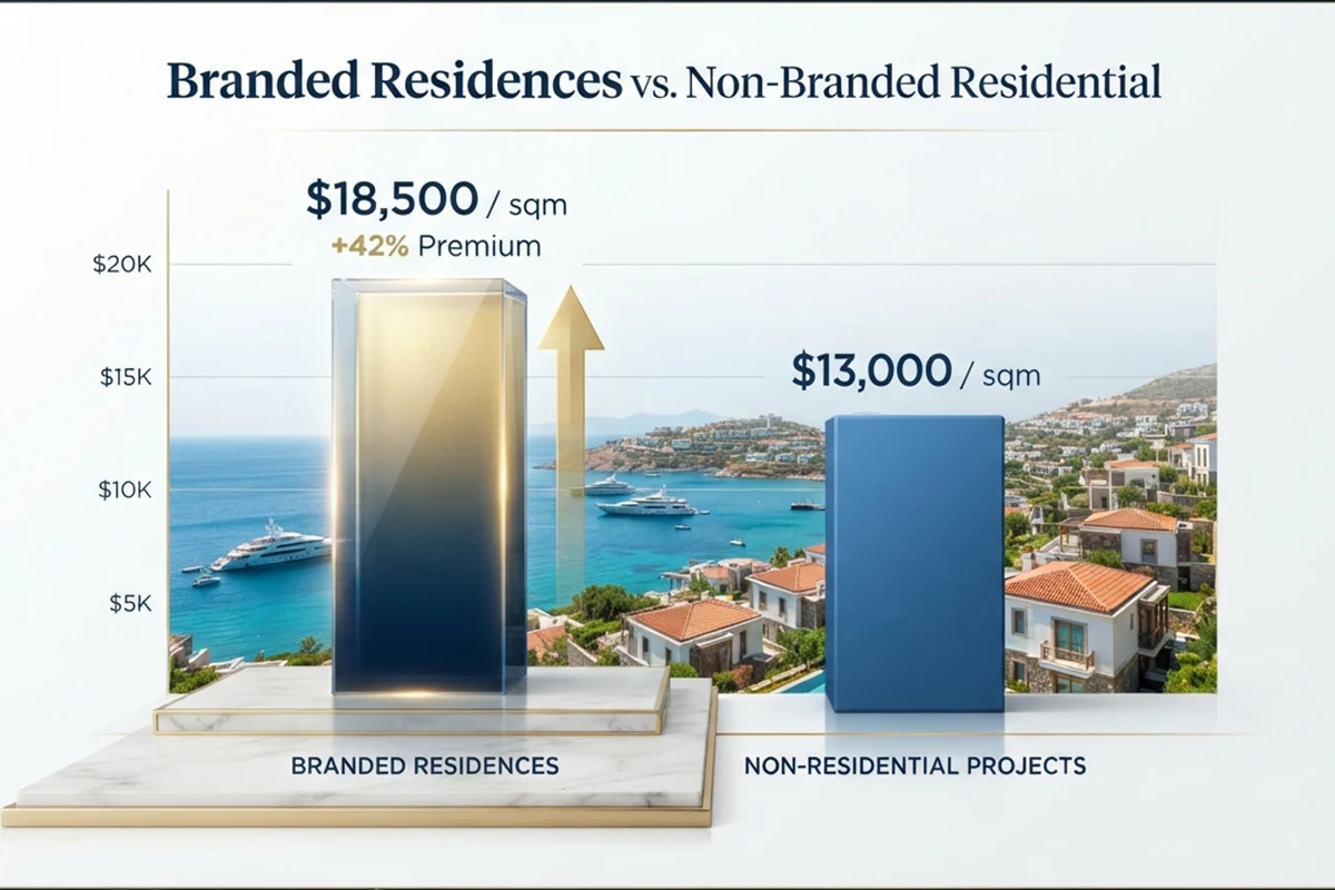 Bar chart quantifying the Bodrum branded residence price premium: 15&ndash;40% vs. non-branded; Bvlgari tier creates a new class
